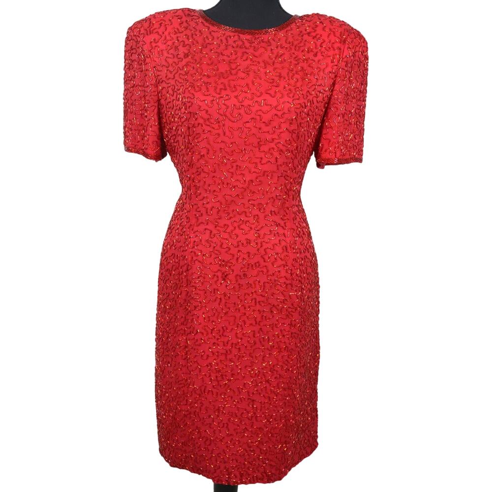 AJ Bari Vintage Red 100% SILK Fully Beaded Cocktail Dress 14 Retro Shoulder Pads